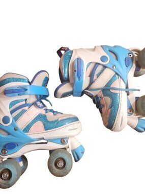 Sulifeel Kids Adjustable Roller Skates Blue Pink Glitter Light Up Wheels Small